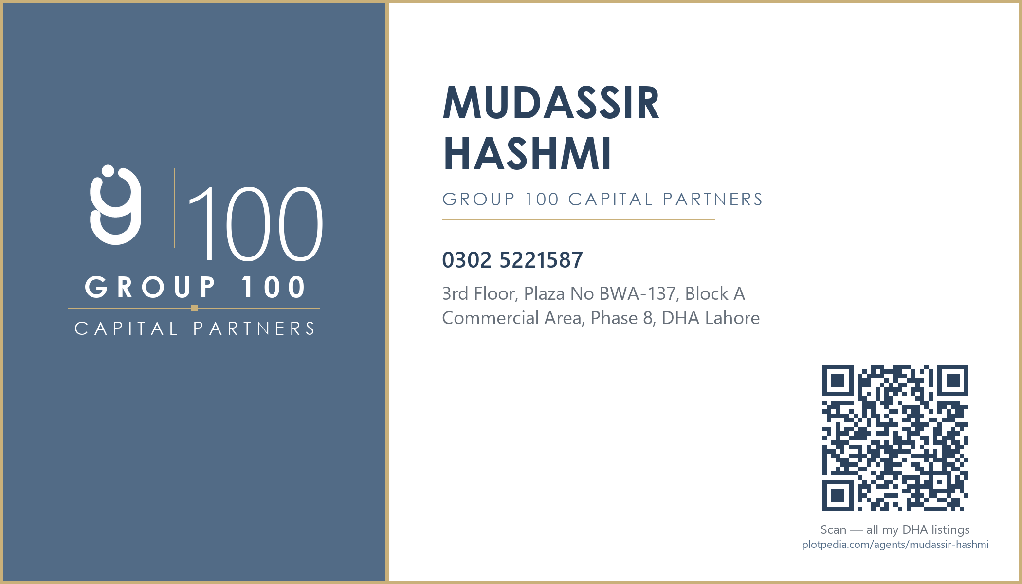 MUDASSIR HASHMI — Group 100 Capital Partners visiting card
